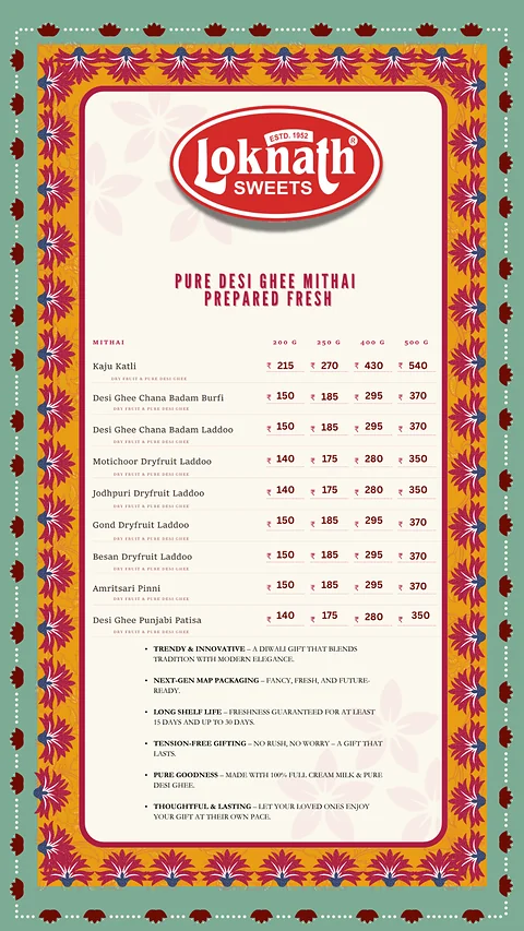 Mithai menu: nine pure desi ghee mithai, from Kaju Katli to Punjabi Patisa, in 200 g, 250 g, 400 g and 500 g packs, with prices