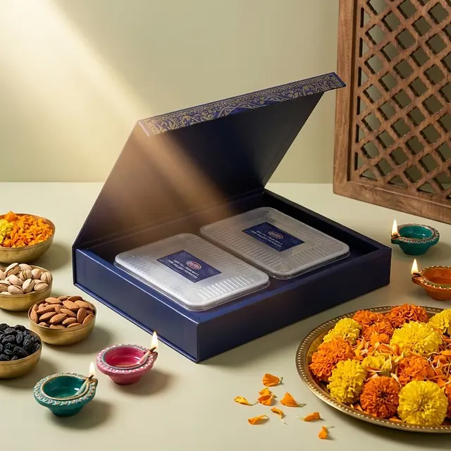 Royal Blue Box · 2 Trays, open and ready to gift
