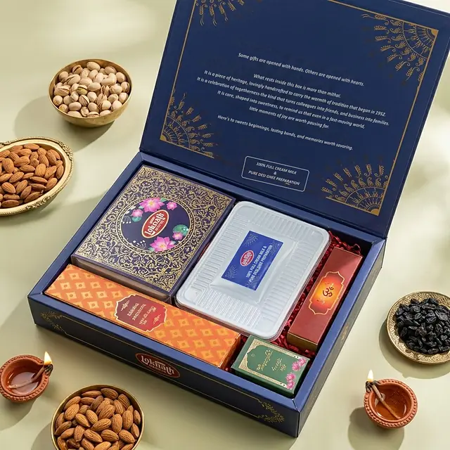 Royal Blue Hamper, open, showing what is inside